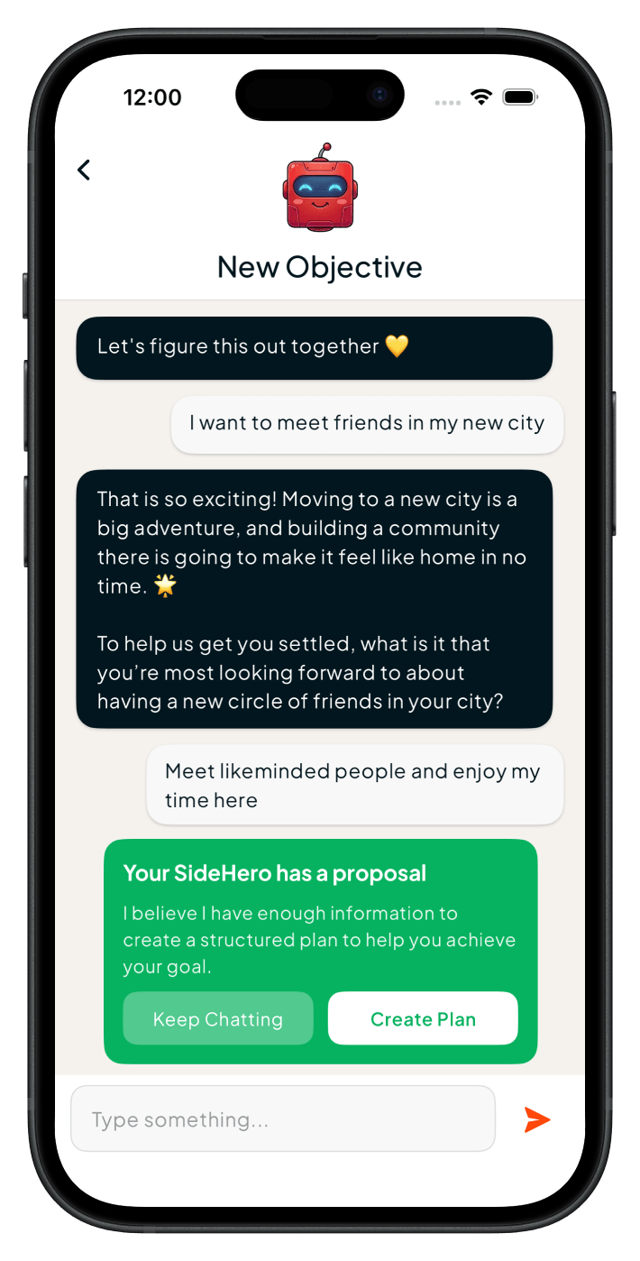 Chatting with SideHero about a new objective — meeting friends in a new city — until it offers to build a plan