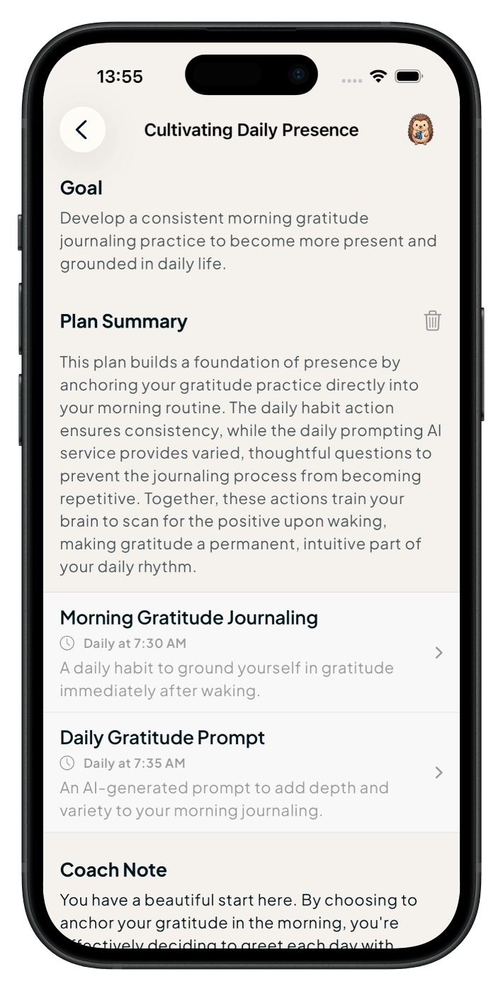 A generated plan with a goal, a summary, and scheduled daily actions